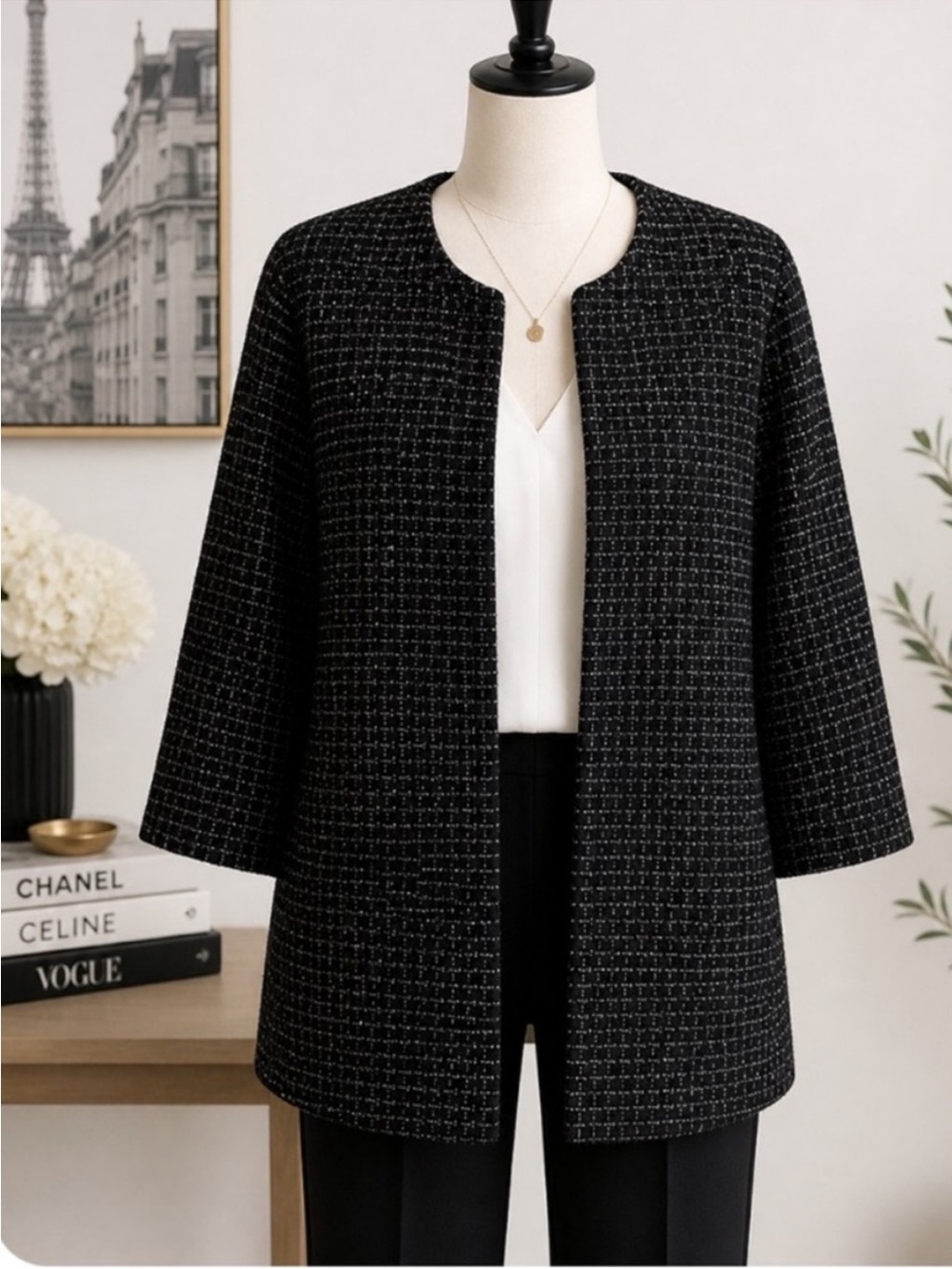 SUNCOO Paris Oversized Wool Blend Black Tweed Open-Front Blazer Jacket T1 US S/M